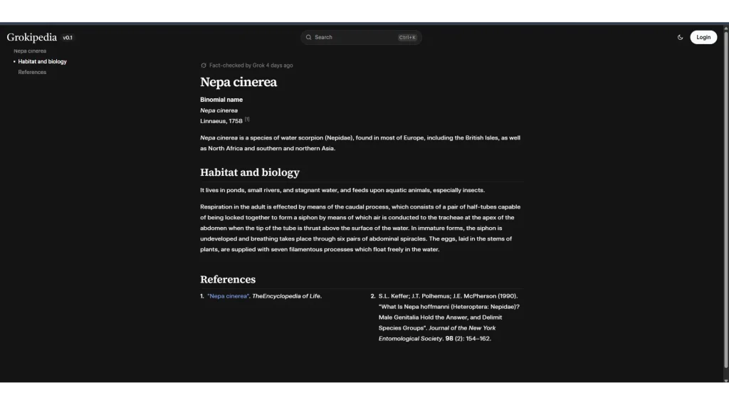 grokipedia interface article layout